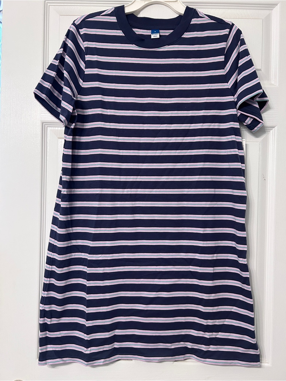 Old Navy Striped Navy, Light Pink, and Green Women’s T-Shirt Dress